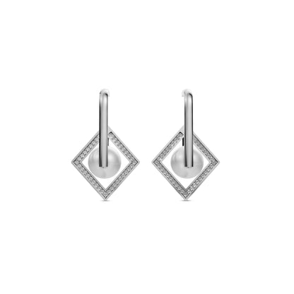 Unique Silver Pearl Earrings Featuring A Geometric Rhombus Design With White Pearl Jewellery Accents.