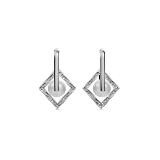 Unique Silver Pearl Earrings Featuring A Geometric Rhombus Design With White Pearl Jewellery Accents.
