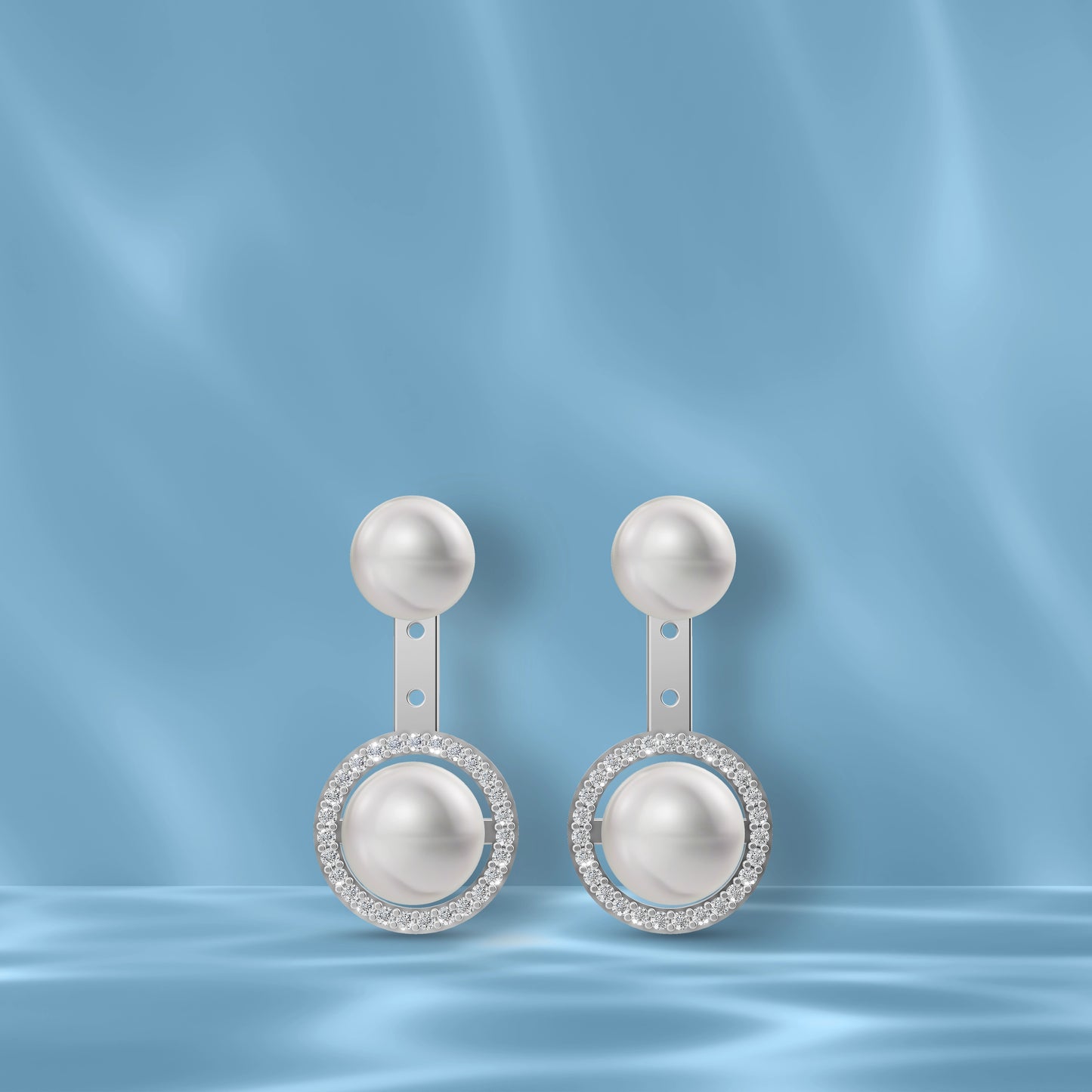 High-Quality Real Pearl Earrings In Silver Displayed On A Luxury Blue Silk Backdrop Highlighting Original Pearl Earrings.
