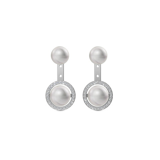 Elegant Silver Pearl Earrings Featuring A Double White Pearl Jewellery Drop Design With A Shimmering Halo Accent.