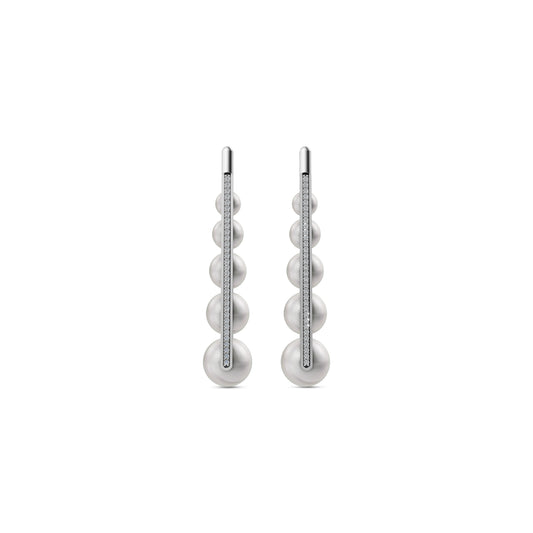 Stunning Long Pearl Earrings Featuring Graduated White Pearl Jewellery Attached To A Sleek Silver Bar.