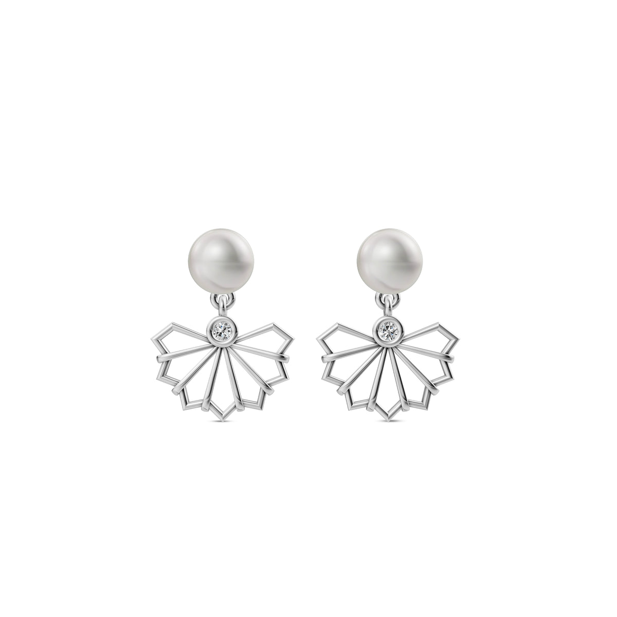 Pair Of White Pearl Earrings With Geometric Silver Pearl Jewellery Designs Featuring A Unique Fan Pattern.
