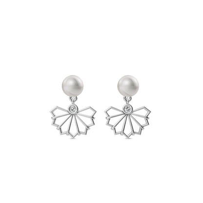 Pair Of White Pearl Earrings With Geometric Silver Pearl Jewellery Designs Featuring A Unique Fan Pattern.