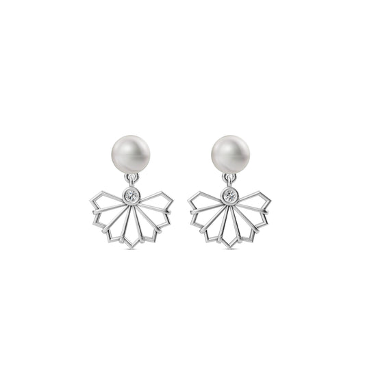 Pair Of White Pearl Earrings With Geometric Silver Pearl Jewellery Designs Featuring A Unique Fan Pattern.