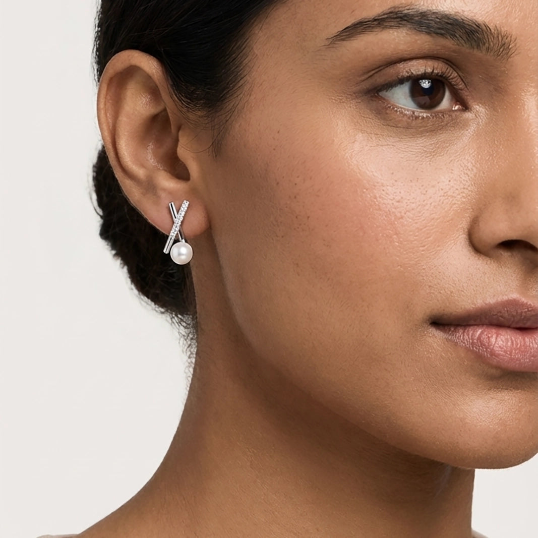 Modern X-Cross pearl studs elegant silver finish