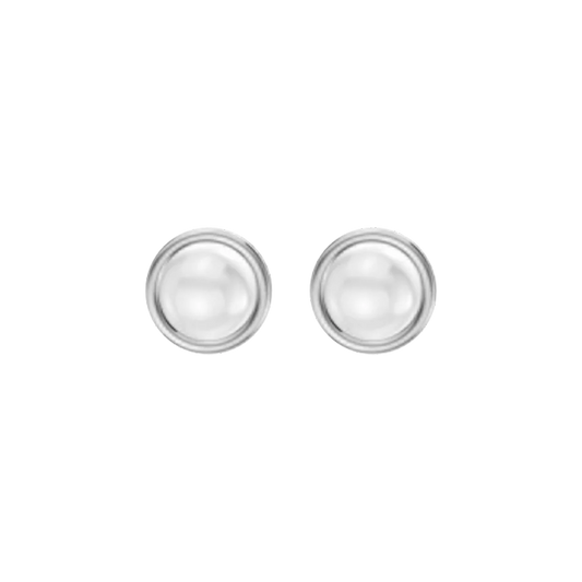 Pair of silver earrings with round studs on a white background
