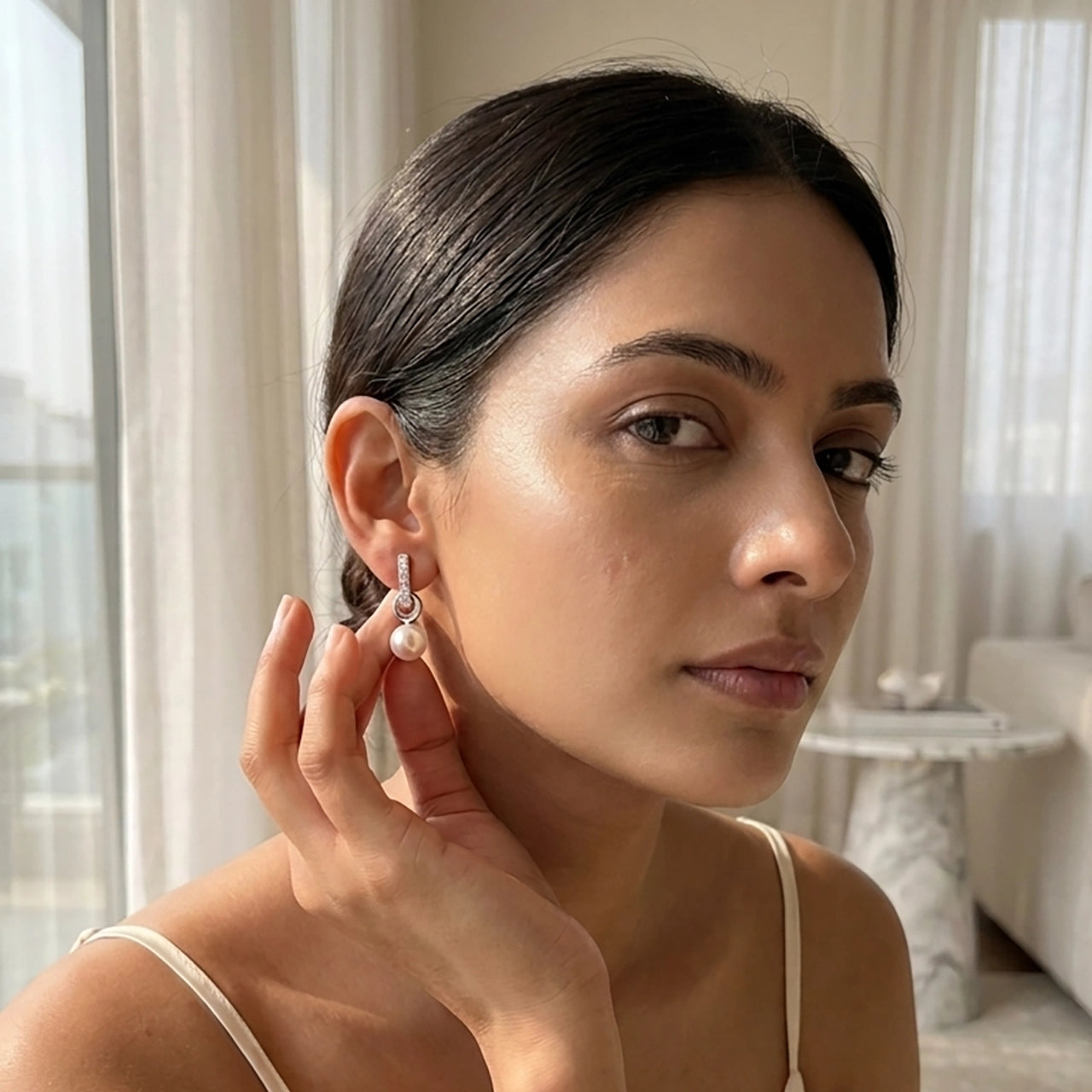 Shimmer pearl drop earrings elegant design