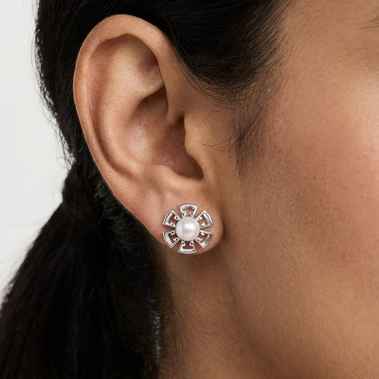 Classic floral pearl earrings detailed silver finish