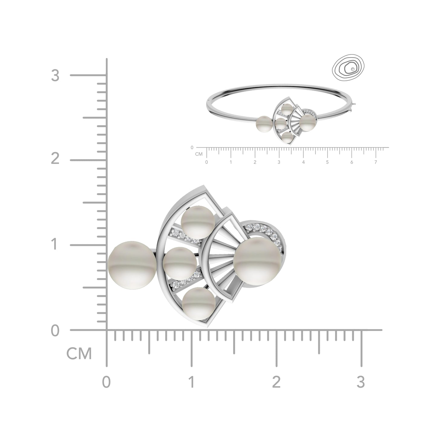Technical product view of the silver fan kada with a centimeter scale for size and dimension reference.