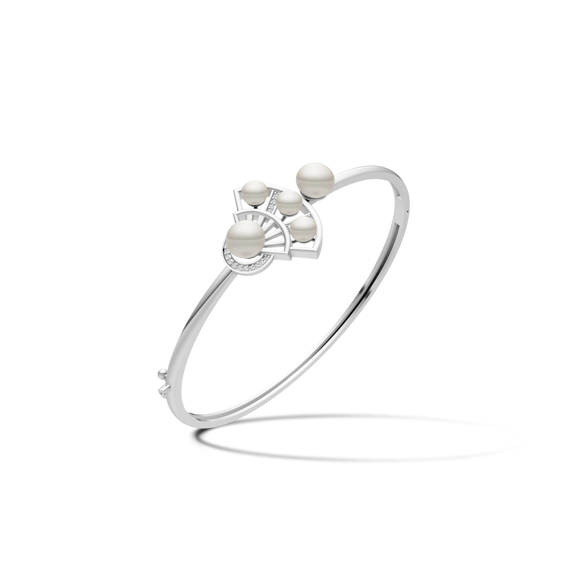 Elegant silver kada featuring a double fan motif set with multiple white pearls on a plain white background