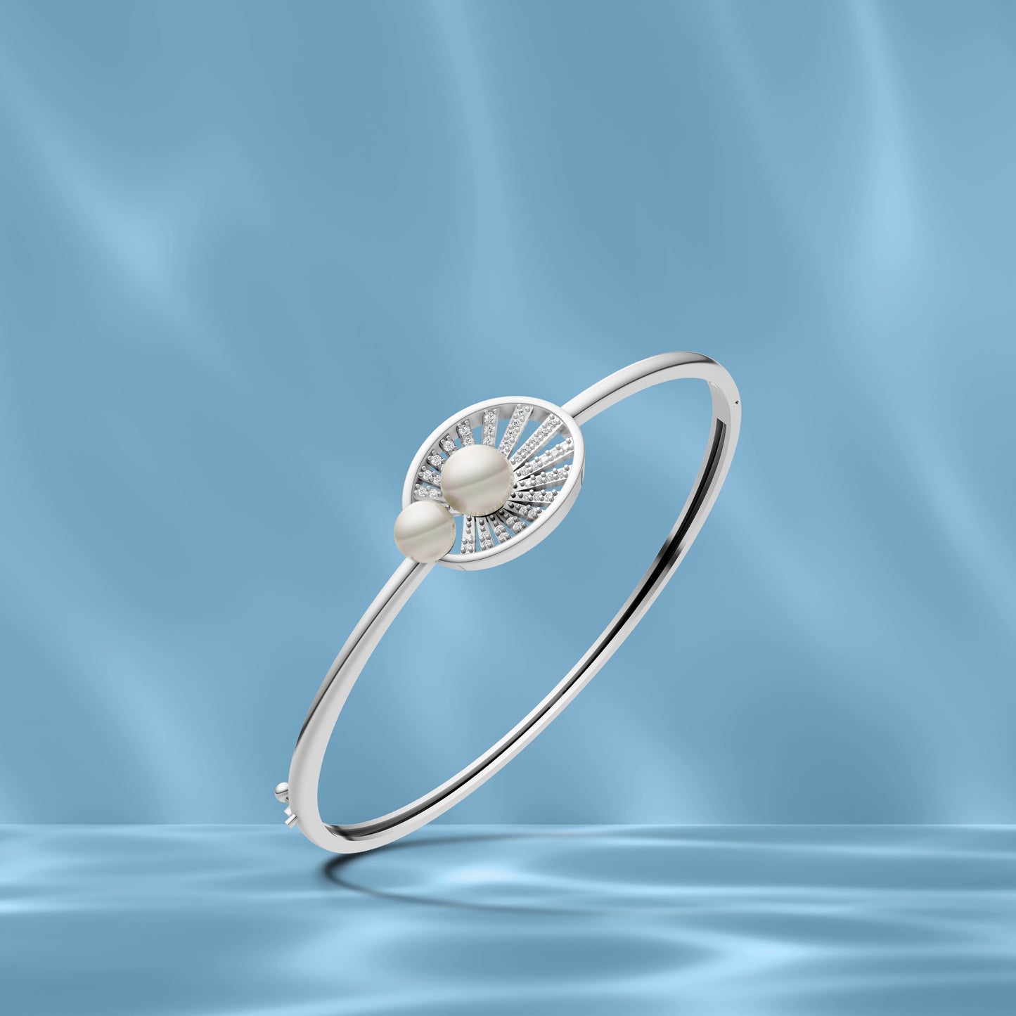 Lifestyle view of a person's wrist wearing an elegant silver pearl shell kada