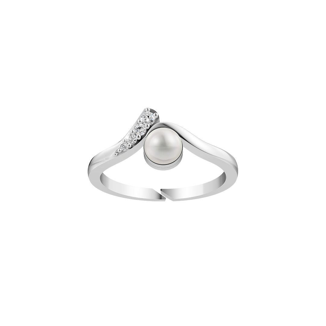 V shape Silver ring with a freshwater pearl and CZ stones on a white background