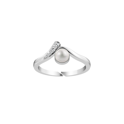 V shape Silver ring with a freshwater pearl and CZ stones on a white background
