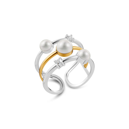 Unique Silver Pearl Ring Design Featuring A Multi-Layered Band In Two-Tone Silver And Gold With White Pearl Ring Accents.