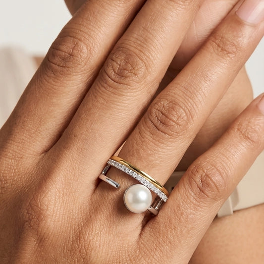 Dual tone silver and gold plated women's ring with diamonds and pearl by Sohvii