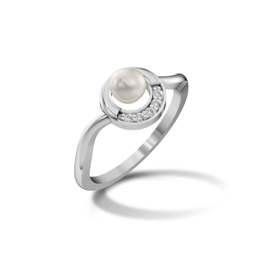 Elegant Silver Crescent Moon Ring with a Central Pearl and Diamond Accents on a White Background