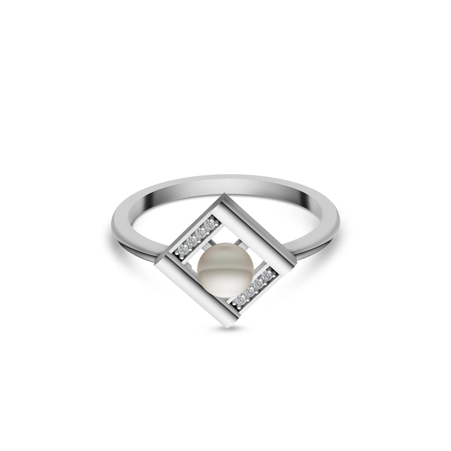 Minimalist Silver Pearl Geometric Ring shown from a Top Perspective on a White Background