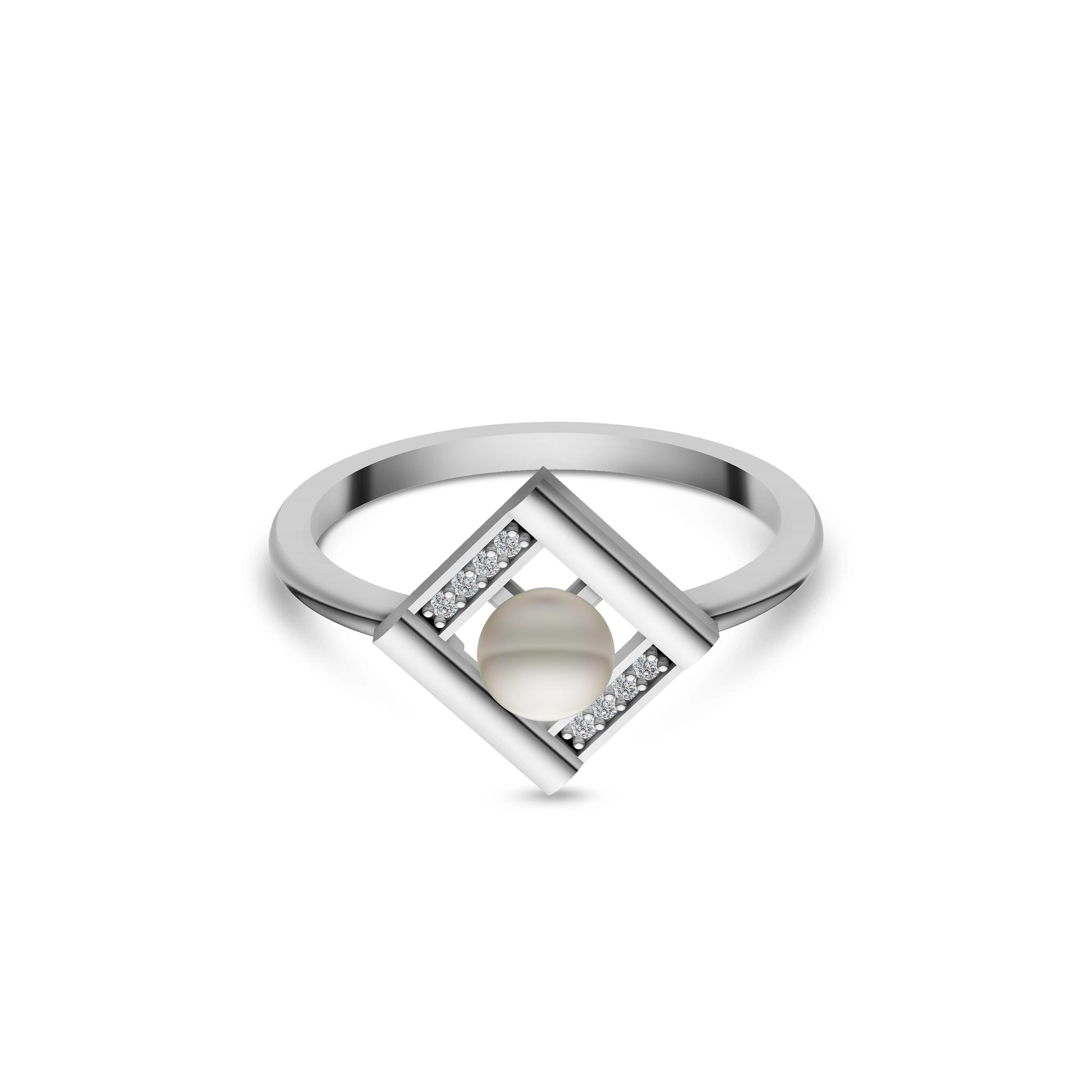 Minimalist Silver Pearl Geometric Ring shown from a Top Perspective on a White Background