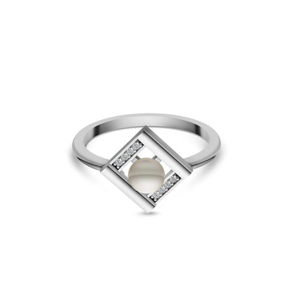 Minimalist Silver Pearl Geometric Ring shown from a Top Perspective on a White Background