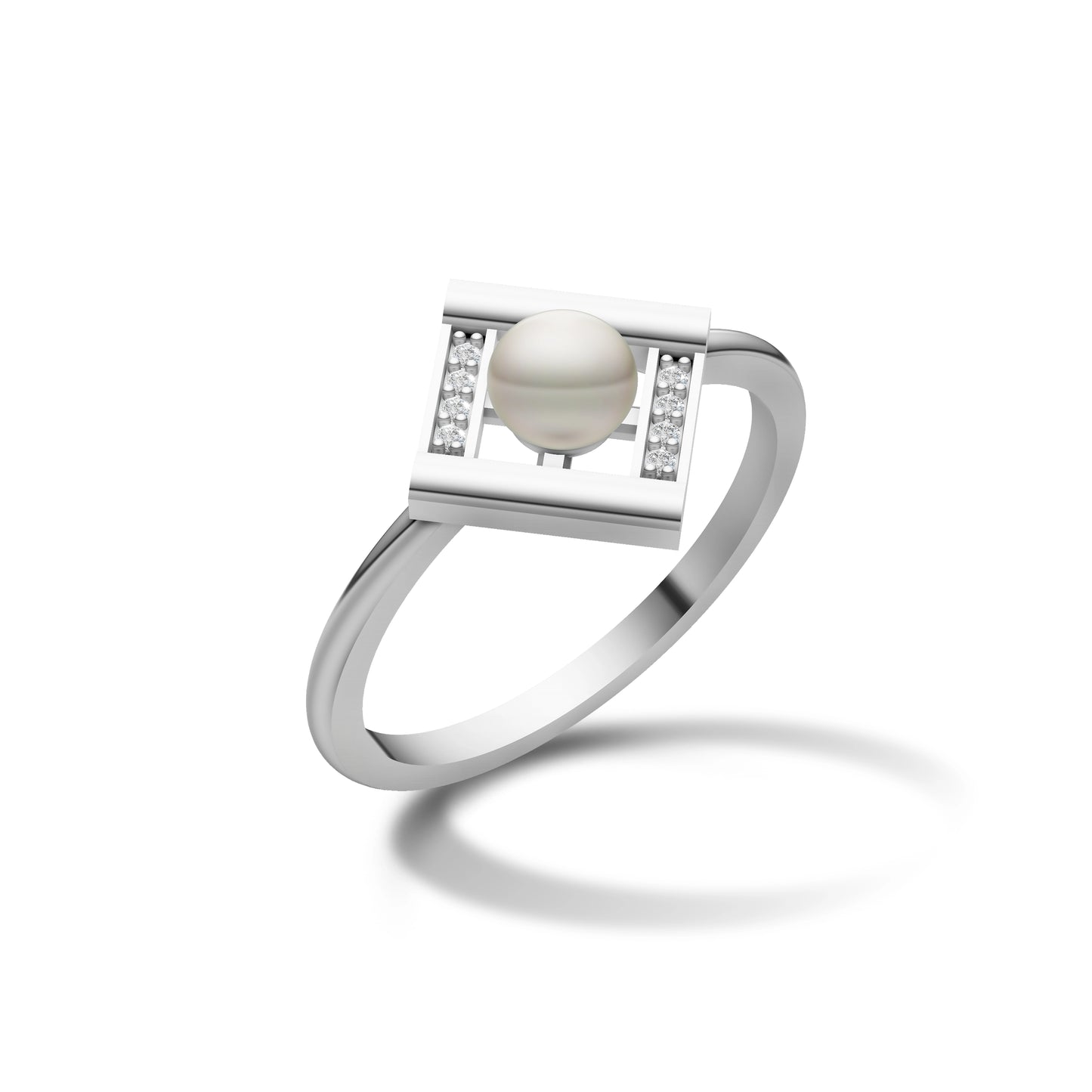 Modern Silver Geometric Square Ring with a Central Pearl and Diamond Accents on a White Background