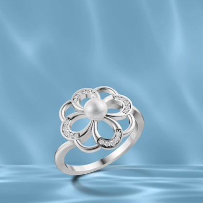Silver Pearl Flower Ring displayed against a Wavy Light Blue Silk Background.