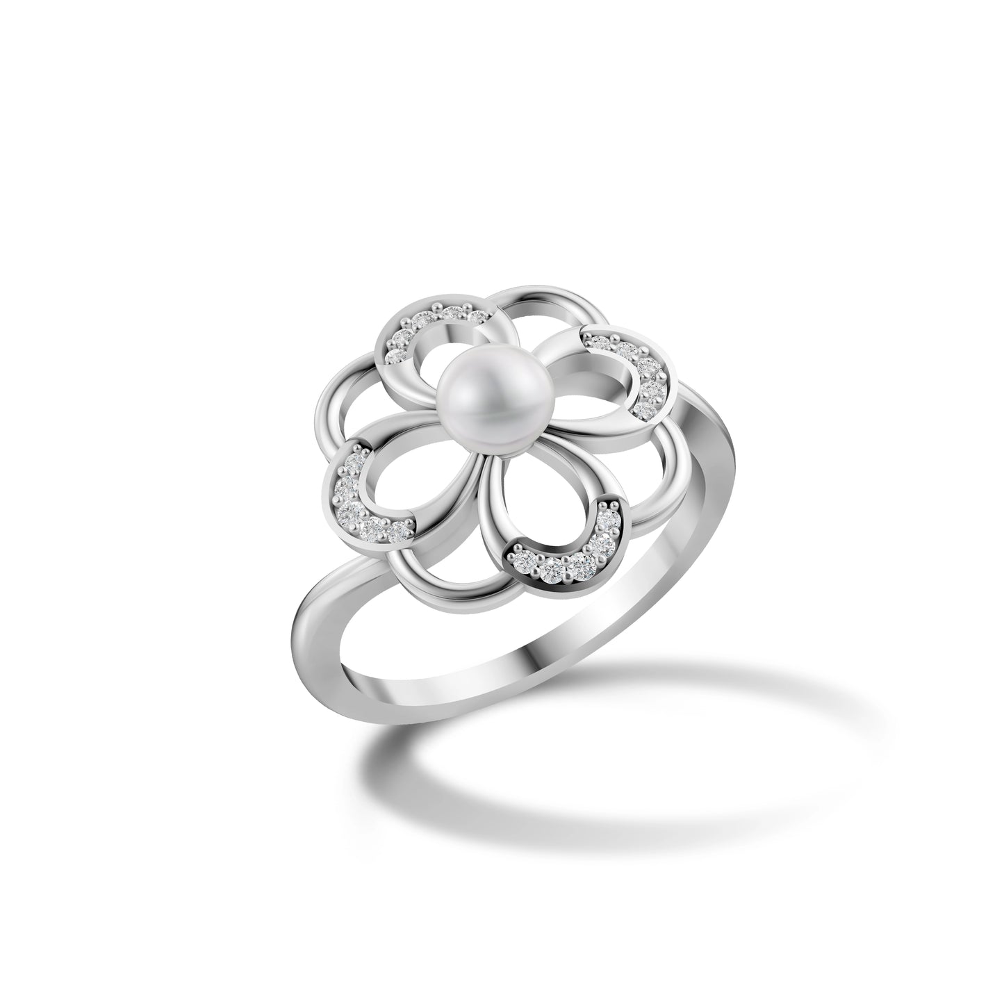 Elegant Silver Flower Ring with a Central Pearl and Diamond Accents on a White Background