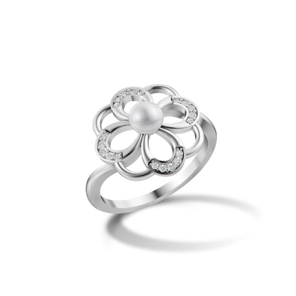 Elegant Silver Flower Ring with a Central Pearl and Diamond Accents on a White Background