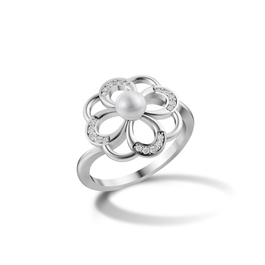 Elegant Silver Flower Ring with a Central Pearl and Diamond Accents on a White Background