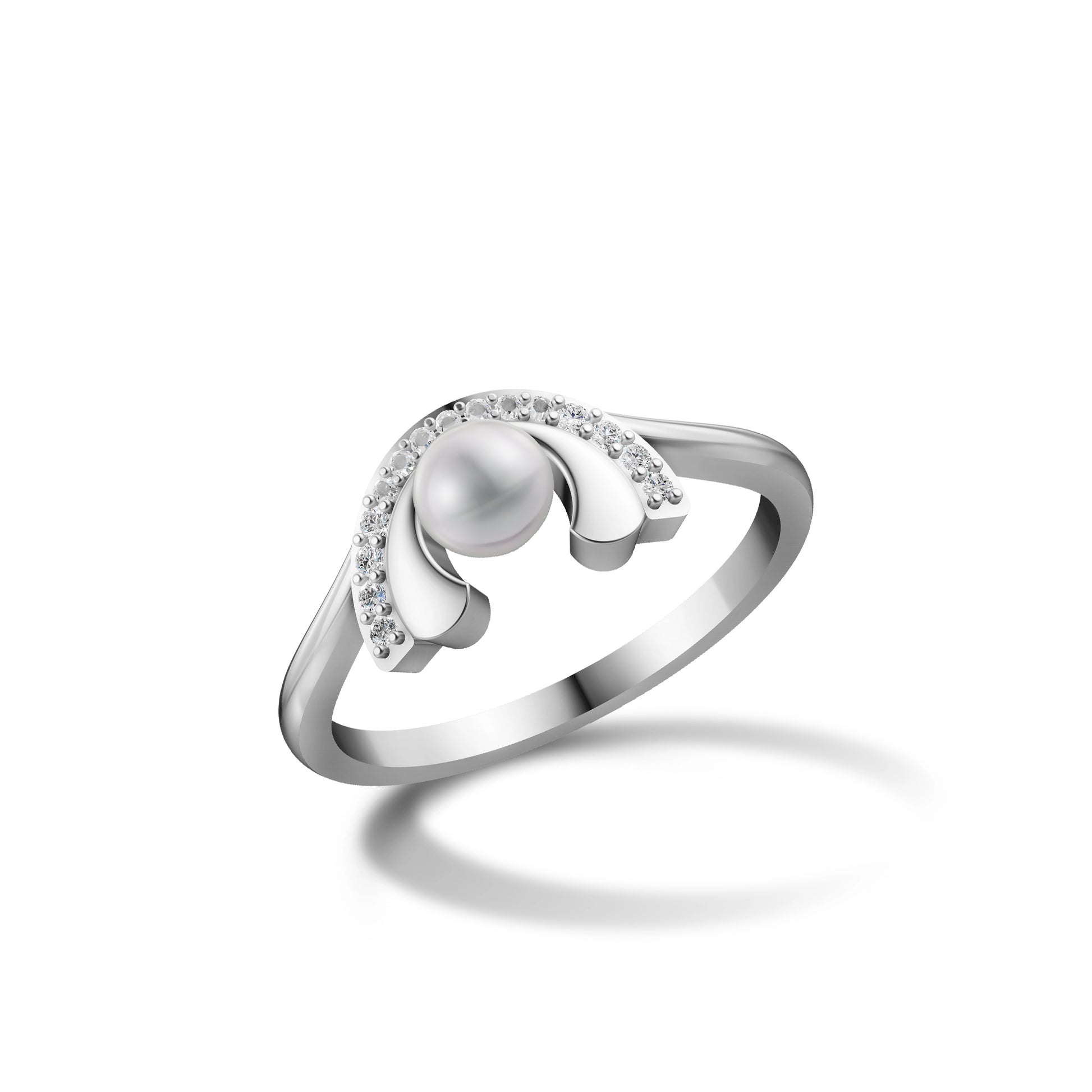 Elegant Silver Arch Ring With A Central Pearl And Pavé Diamond Accents On A White Background