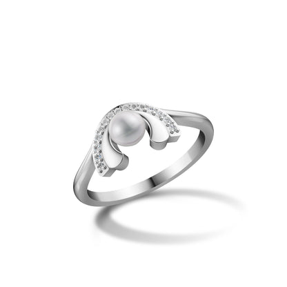 Elegant Silver Arch Ring With A Central Pearl And Pavé Diamond Accents On A White Background