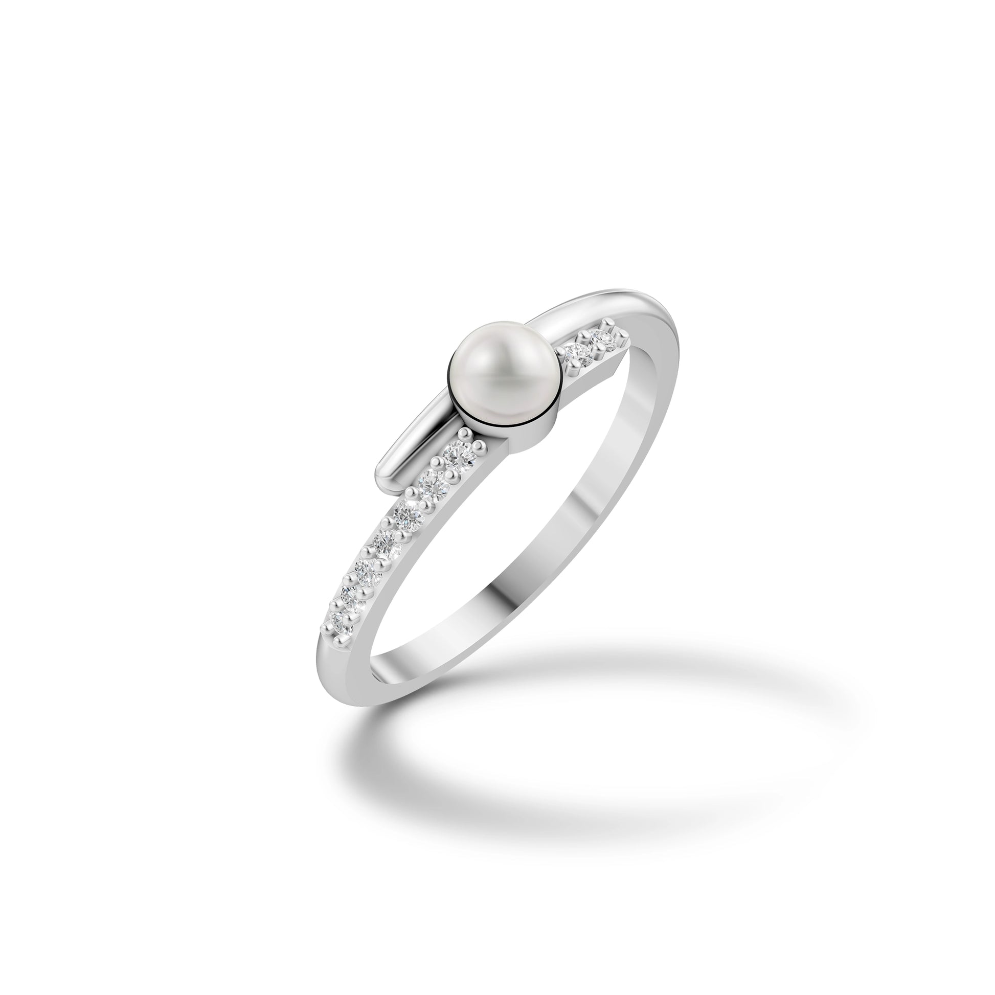 Elegant Silver Pearl Ring Design Featuring A Sleek Band With A Centered White Pearl Ring And Sparkling Stone Accents.