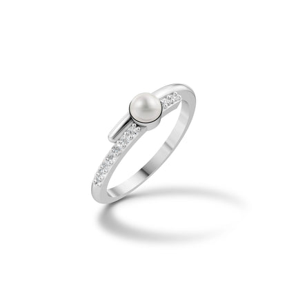 Elegant Silver Pearl Ring Design Featuring A Sleek Band With A Centered White Pearl Ring And Sparkling Stone Accents.