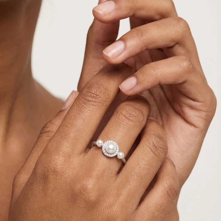 Elegant Aura pearl silver ring side angle