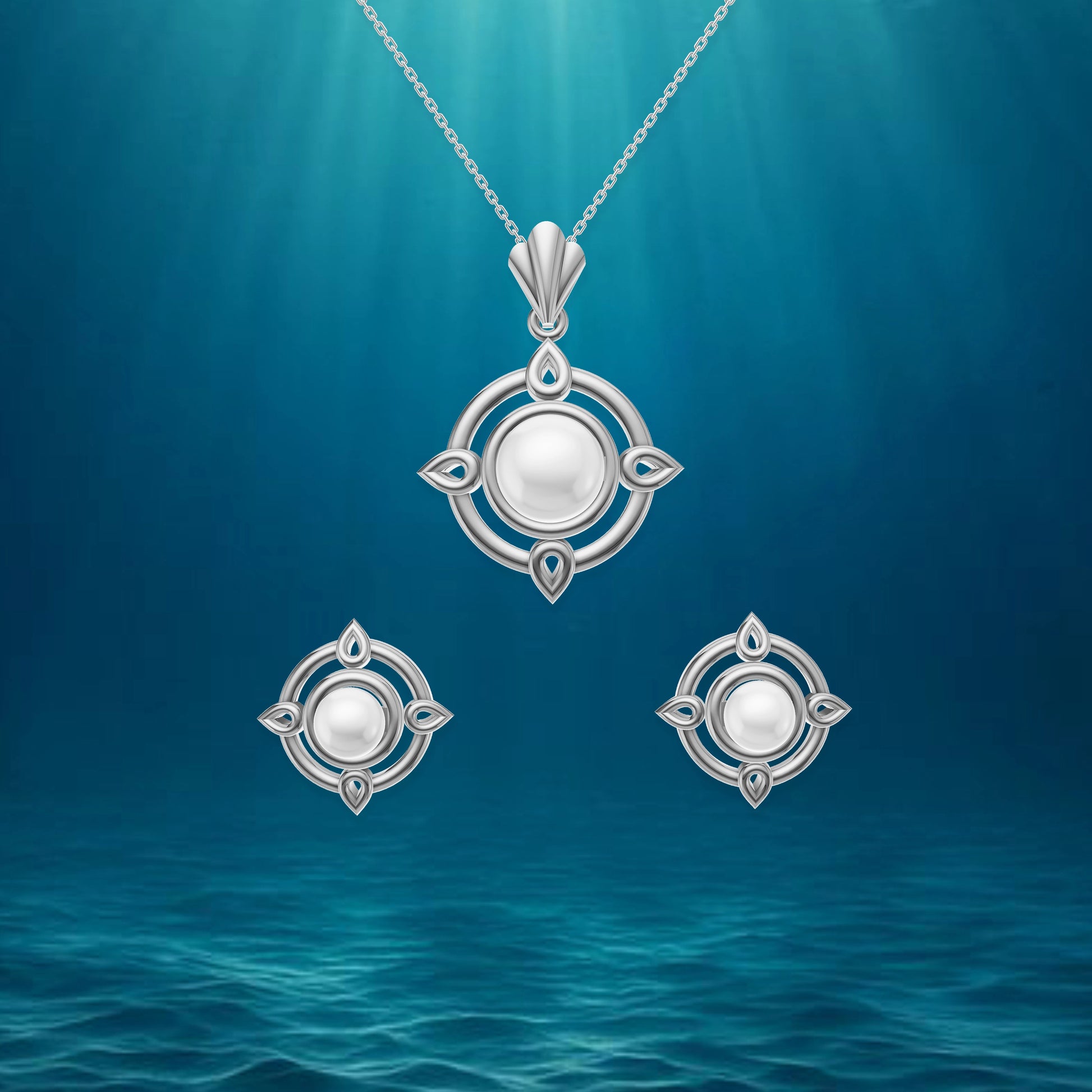 Aura pearl silver pendant set close-up view