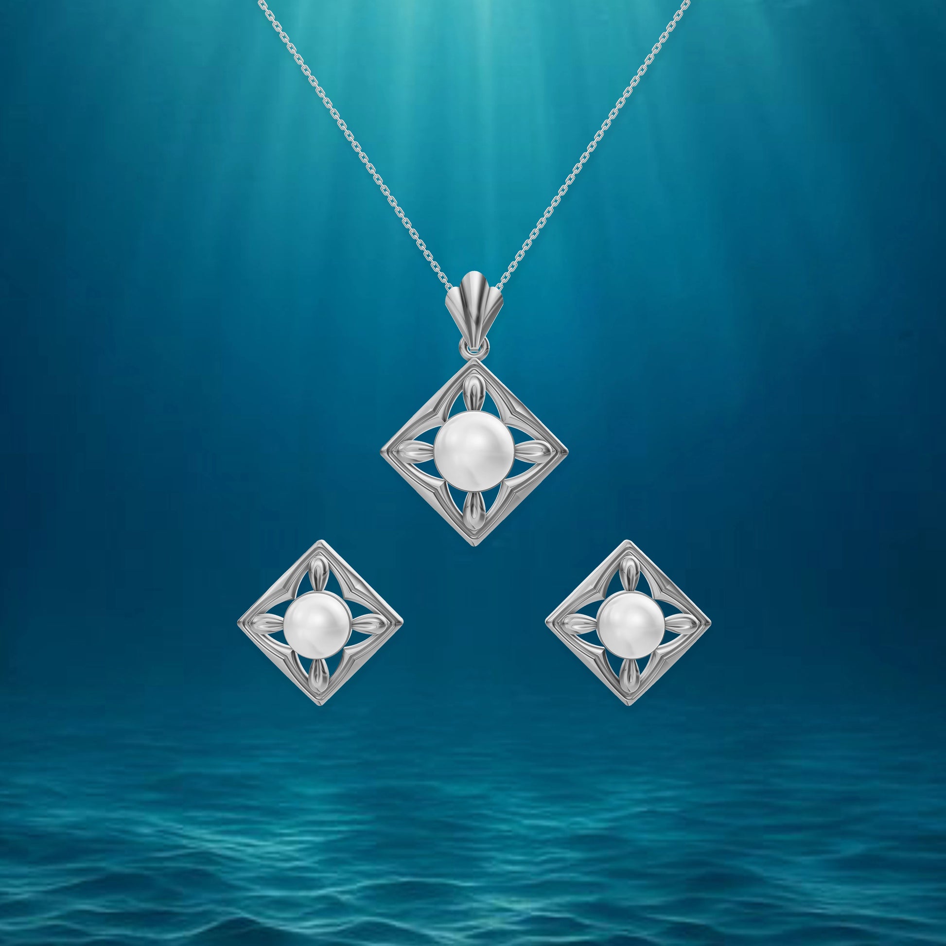 Squaera pearl pendant set stylish silver jewelry
